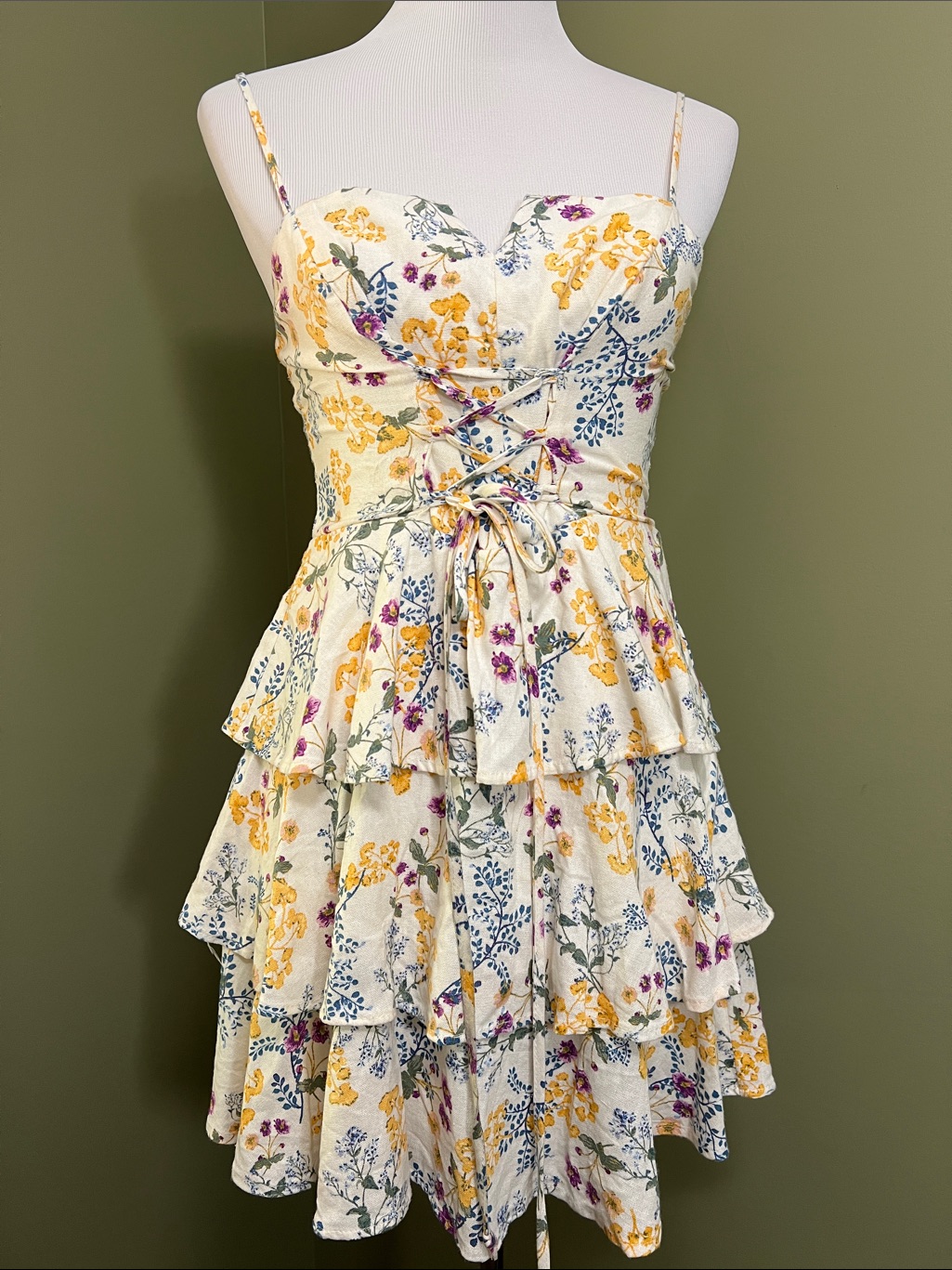 Trixxi Floral Lace-Up Tiered Mini Dress